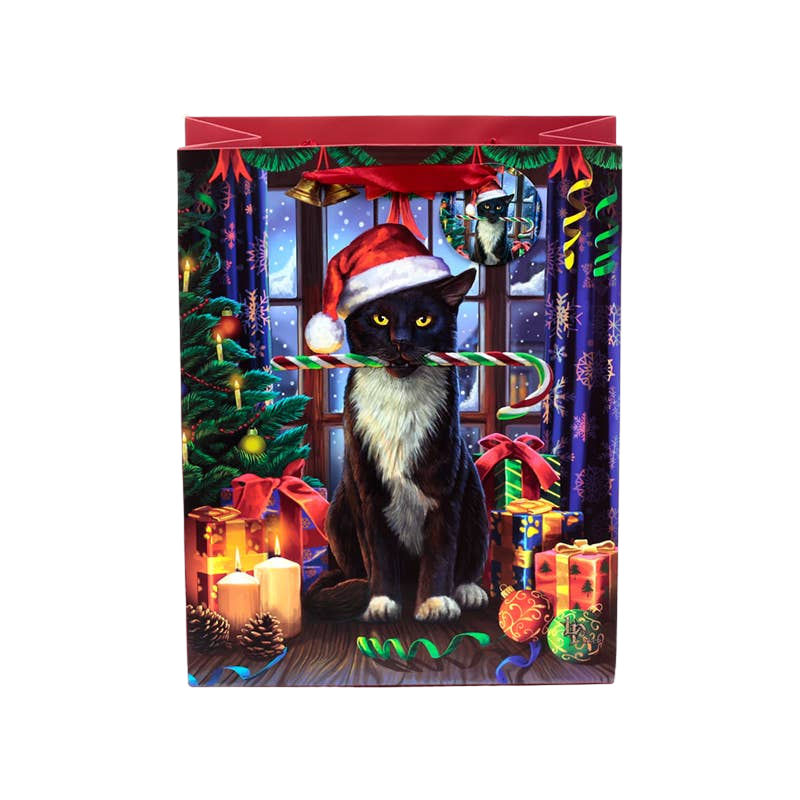 Grand sac cadeau de Noël à motif chat avec étiquette