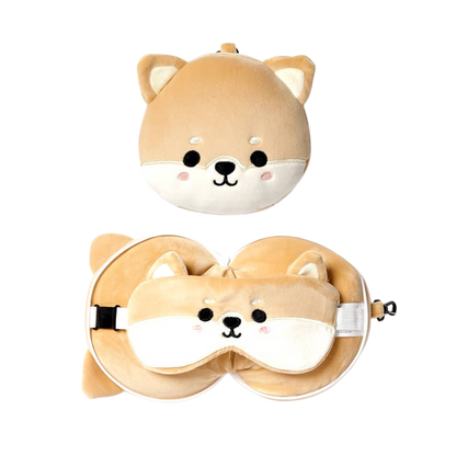 Coussin de voyage 2-en-1 Shiba Inu avec masque